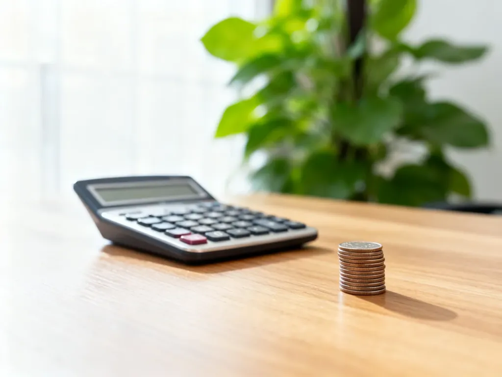 Kalkulator i monety na biurku, symbolizujące planowanie finansów i obliczanie wynagrodzenia netto.