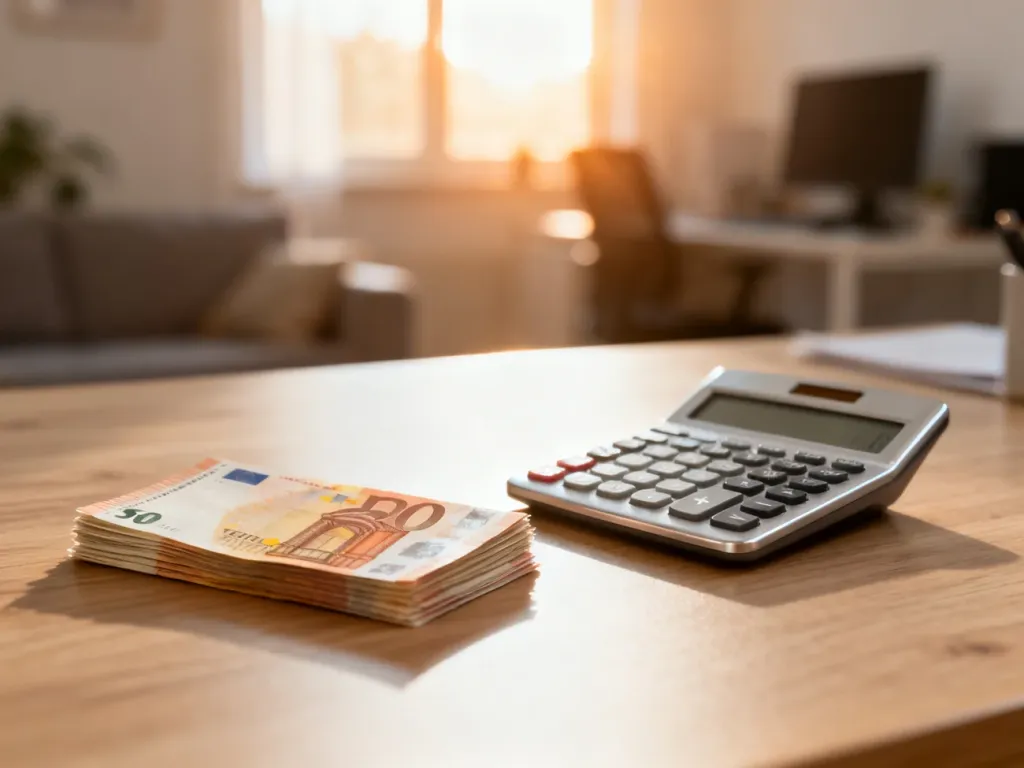Plik banknotów i kalkulator na biurku, symbolizujące obliczanie wynagrodzenia i domowe finanse.