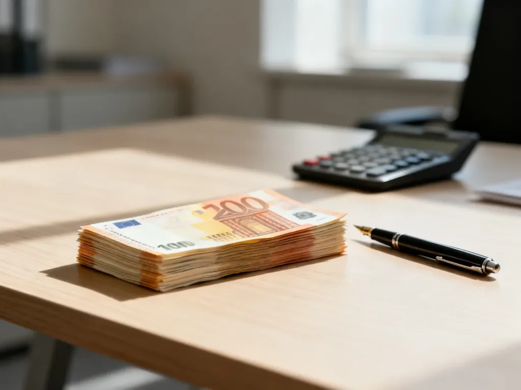 Stos banknotów na biurku obok kalkulatora i pióra, symbolizujący planowanie budżetu i obliczenia finansowe.